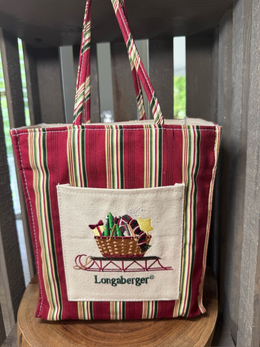 Longaberger Holiday Striped Tote with Embroidered Sleigh Motif